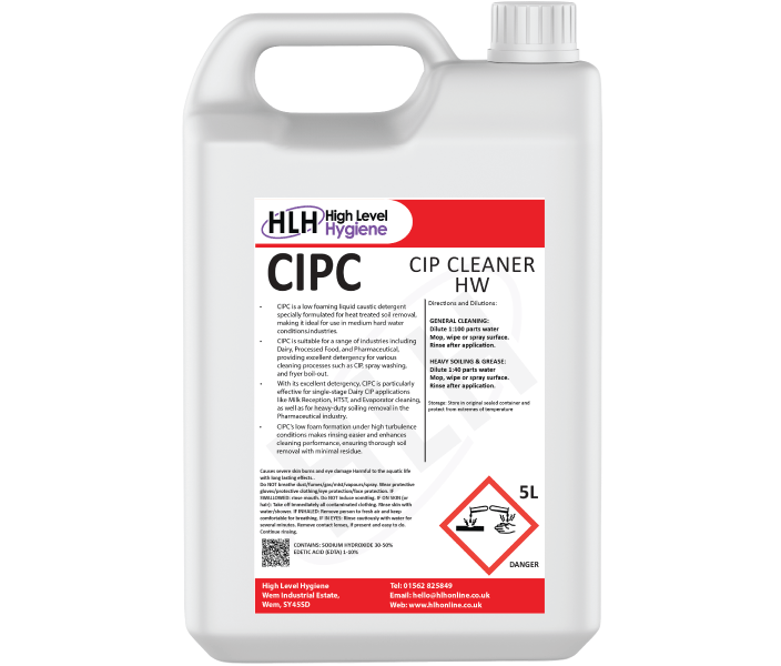 A 5L red and white bottle of CIPC, a caustic detergent used for CIP and Spray washing in various industries.