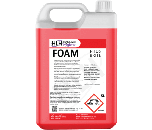 A 5l bottle of phos-brite foam cleaner, a cleaning solution that produces foam without phosphates.