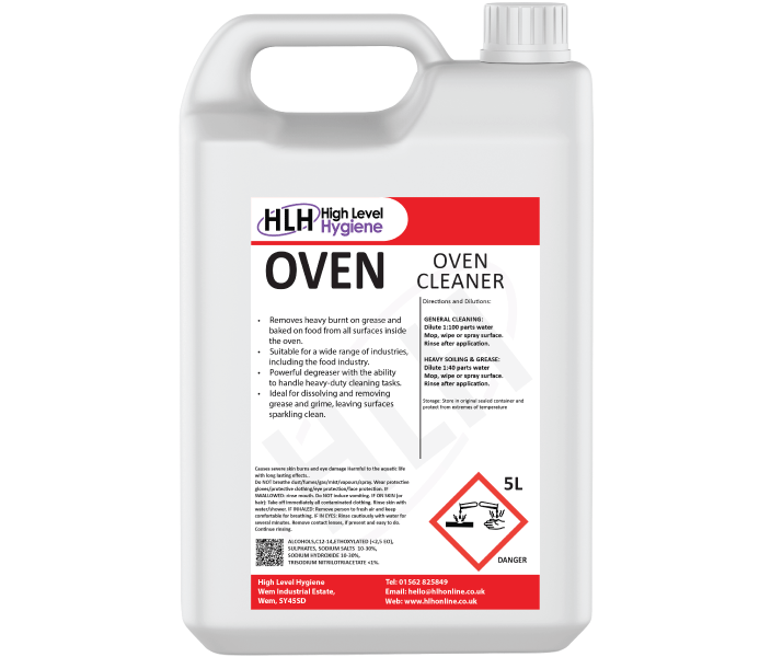 5L oven cleaner: Thickened alkaline solution for heavy soiling & carbonisation in commercial kitchens.