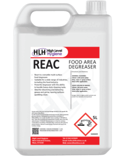 5 litre clear food area cleaner: A cleaning product designed for maintaining cleanliness in food preparation areas.