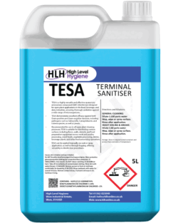 white and blue 5 l container of TESA terminal sanitiser, powerful cleaning solution