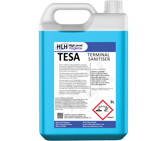 white and blue 5 l container of TESA terminal sanitiser, powerful cleaning solution